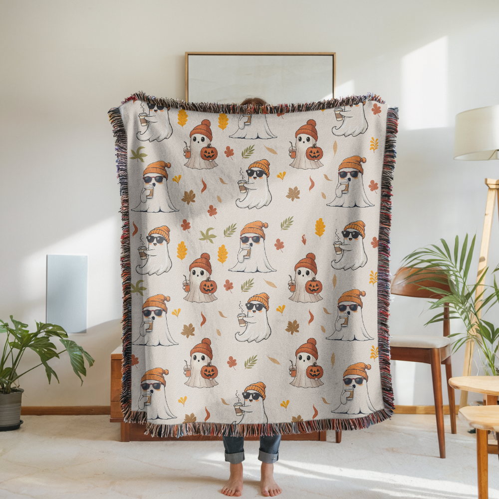 Cute Ghost Halloween Blanket, Spooky Mushroom Throw for Cozy Fall Decor, Whimsical Autumn Sofa Blanket, Halloween Gift for Ghost Lovers