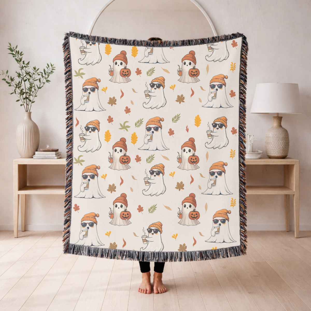 Cute Ghost Halloween Blanket, Spooky Mushroom Throw for Cozy Fall Decor, Whimsical Autumn Sofa Blanket, Halloween Gift for Ghost Lovers