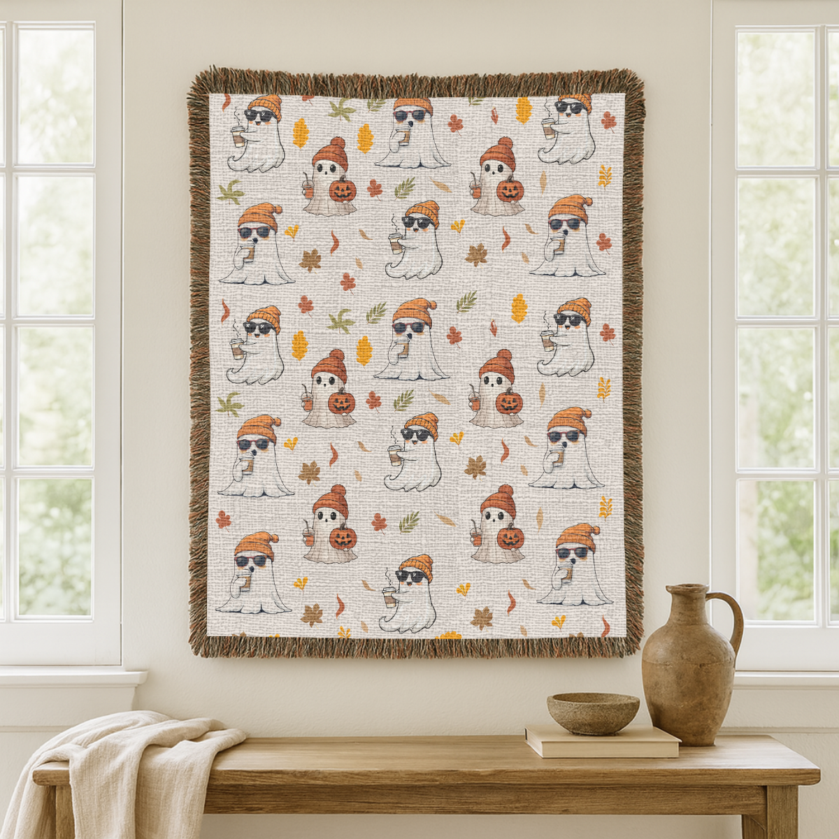 Cute Ghost Halloween Blanket, Spooky Mushroom Throw for Cozy Fall Decor, Whimsical Autumn Sofa Blanket, Halloween Gift for Ghost Lovers