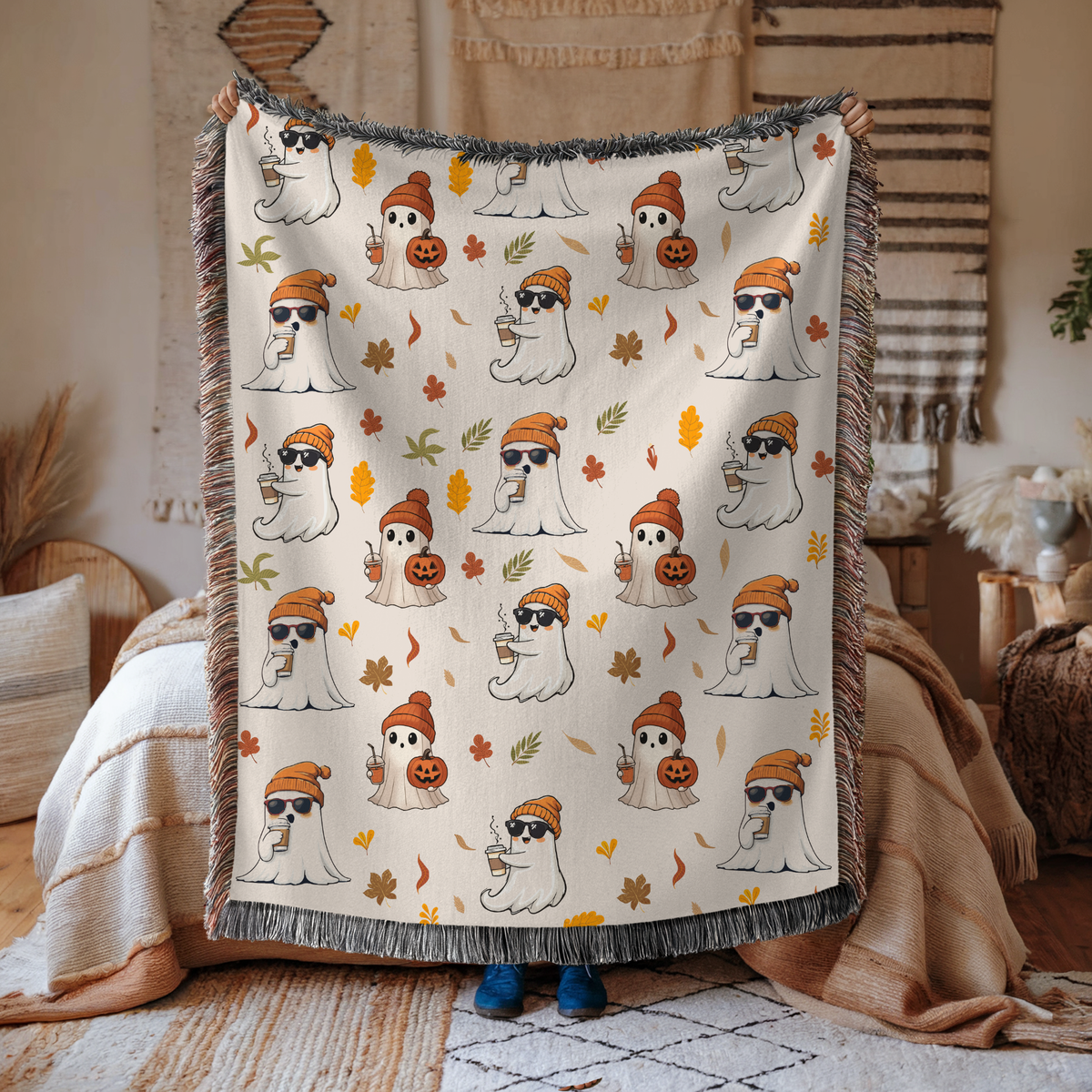 Cute Ghost Halloween Blanket, Spooky Mushroom Throw for Cozy Fall Decor, Whimsical Autumn Sofa Blanket, Halloween Gift for Ghost Lovers