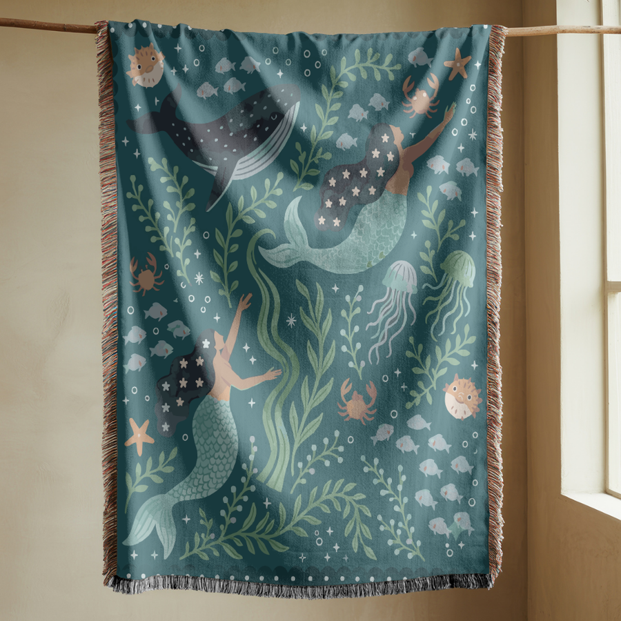 Mermaid Ocean Blanket, Whimsical Underwater Throw for Coastal Home Decor, Fantasy Sea Lover Gift, Cottagecore Nautical Living Room Blanket