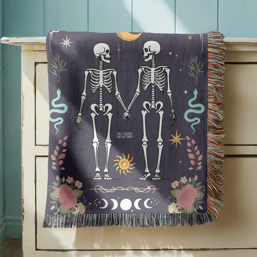 Skeleton Couple Blanket, Comfort Color Throw, Gothic Wedding Gift, Till Death Do Us Part Blanket, Personalized Anniversary Gift for Couple