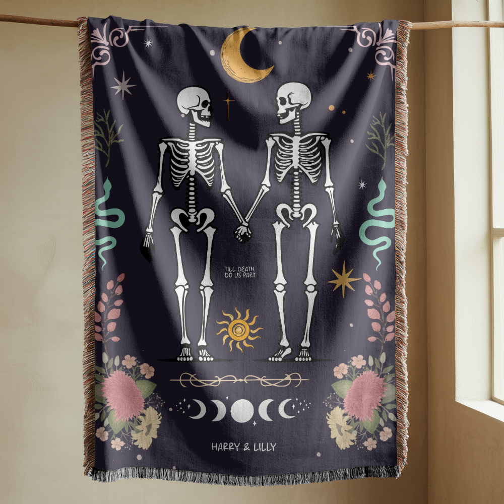 Skeleton Couple Blanket, Comfort Color Throw, Gothic Wedding Gift, Till Death Do Us Part Blanket, Anniversary Gift for Couple