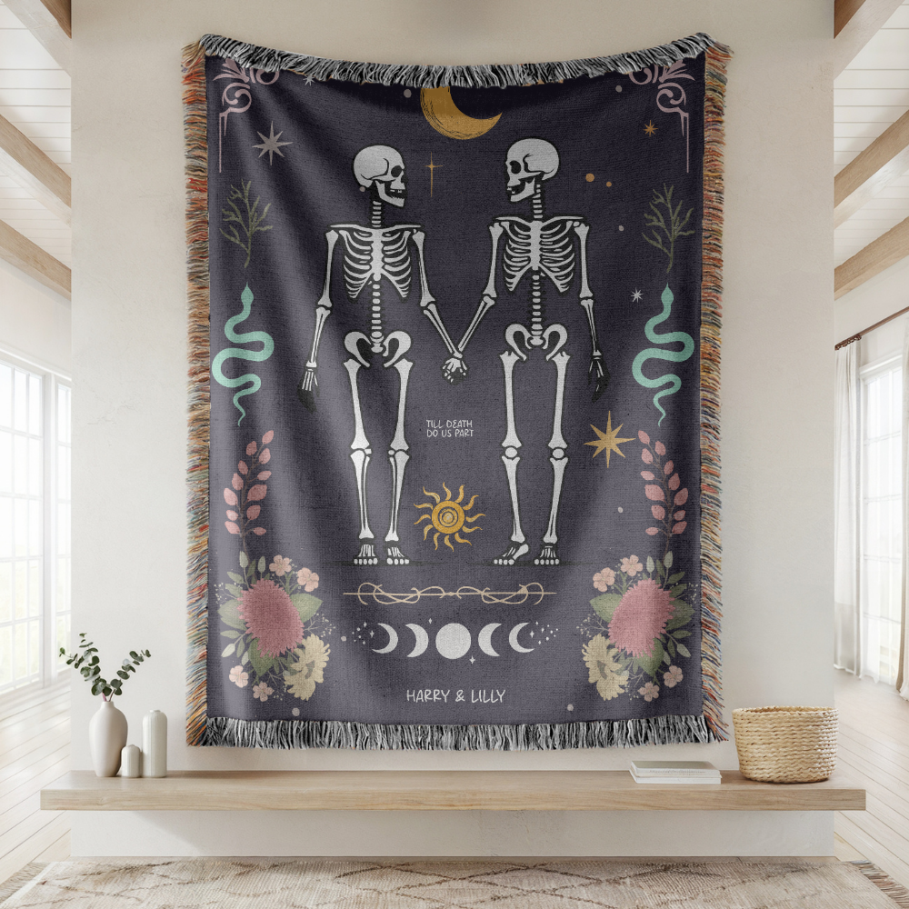 Skeleton Couple Blanket, Comfort Color Throw, Gothic Wedding Gift, Till Death Do Us Part Blanket, Anniversary Gift for Couple