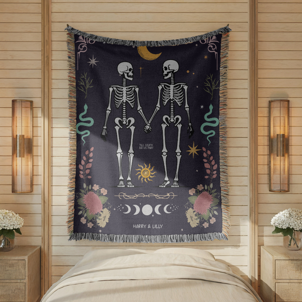 Skeleton Couple Blanket, Comfort Color Throw, Gothic Wedding Gift, Till Death Do Us Part Blanket, Anniversary Gift for Couple