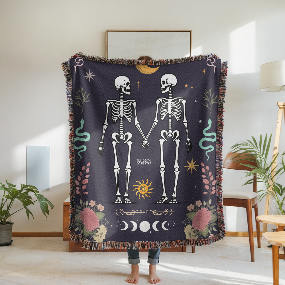 Skeleton Couple Blanket, Comfort Color Throw, Gothic Wedding Gift, Till Death Do Us Part Blanket, Anniversary Gift for Couple