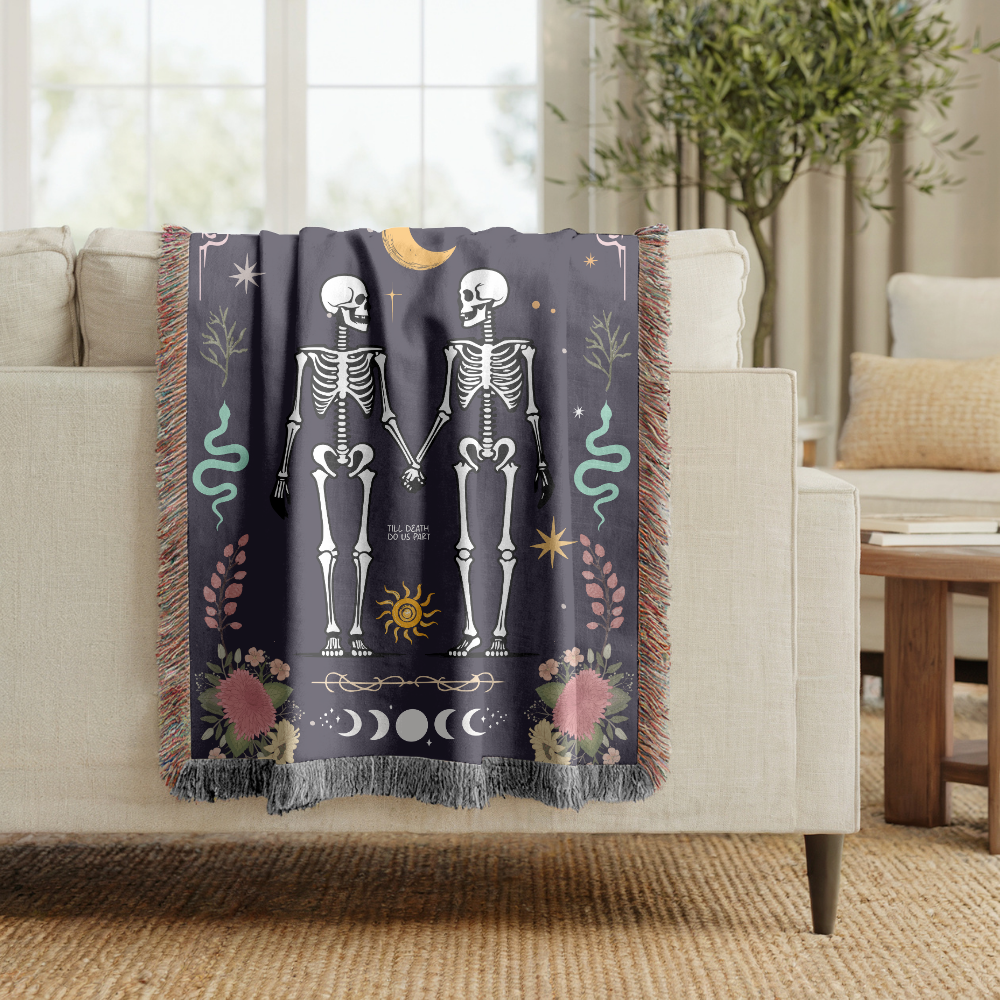 Skeleton Couple Blanket, Comfort Color Throw, Gothic Wedding Gift, Till Death Do Us Part Blanket, Anniversary Gift for Couple