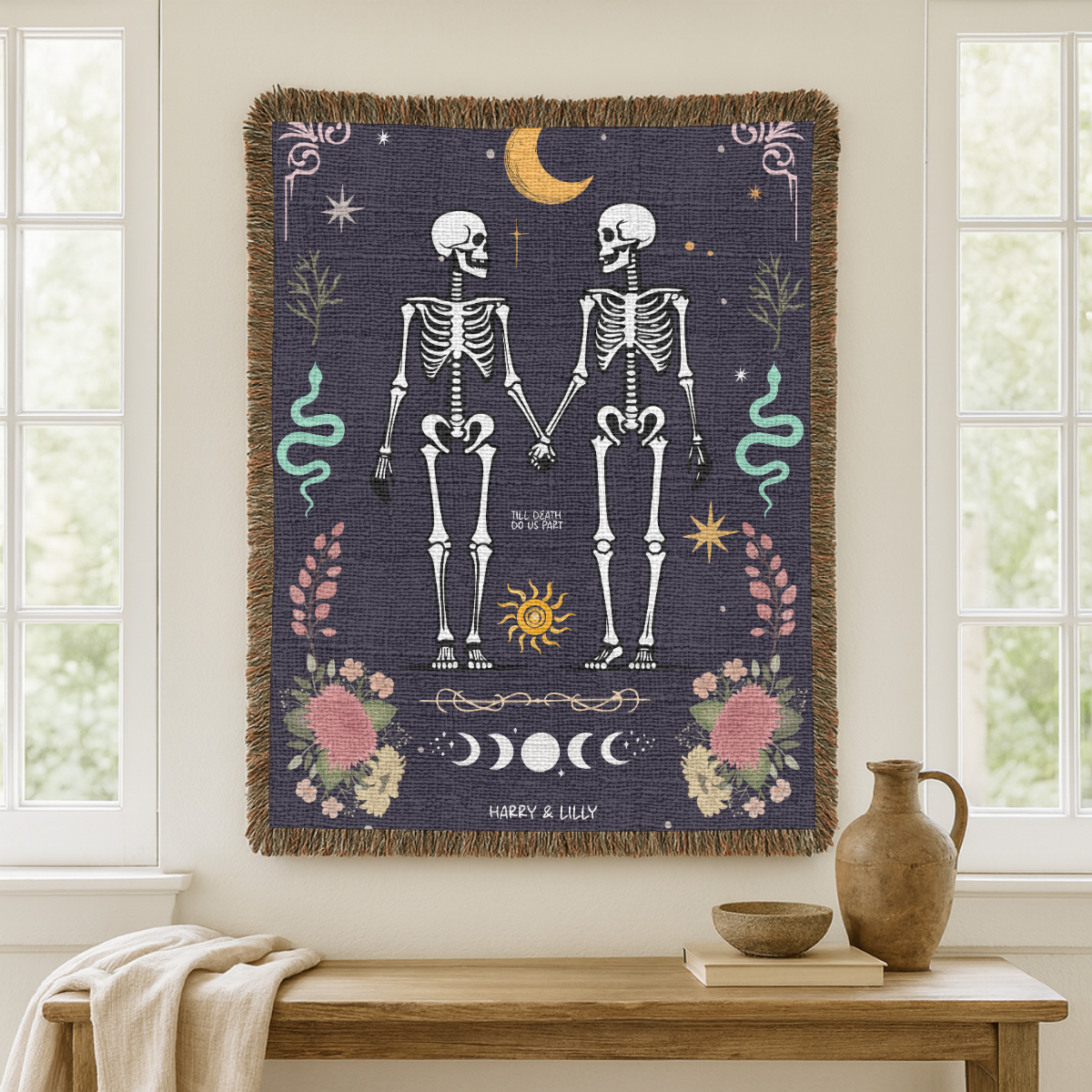 Skeleton Couple Blanket, Comfort Color Throw, Gothic Wedding Gift, Till Death Do Us Part Blanket, Anniversary Gift for Couple