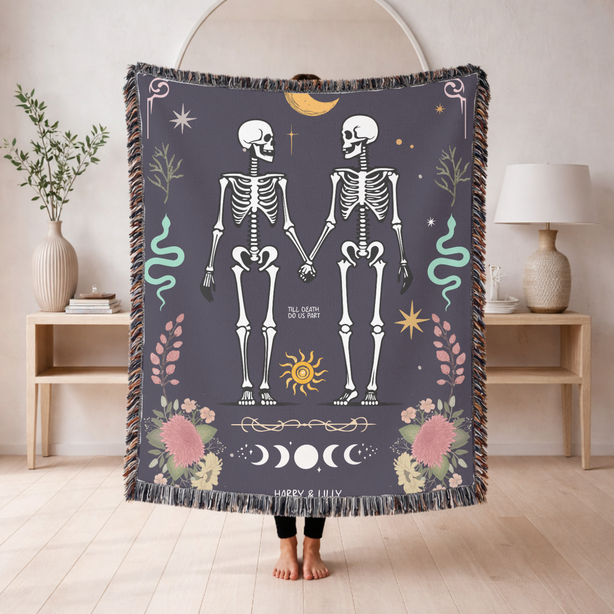Skeleton Couple Blanket, Comfort Color Throw, Gothic Wedding Gift, Till Death Do Us Part Blanket, Anniversary Gift for Couple