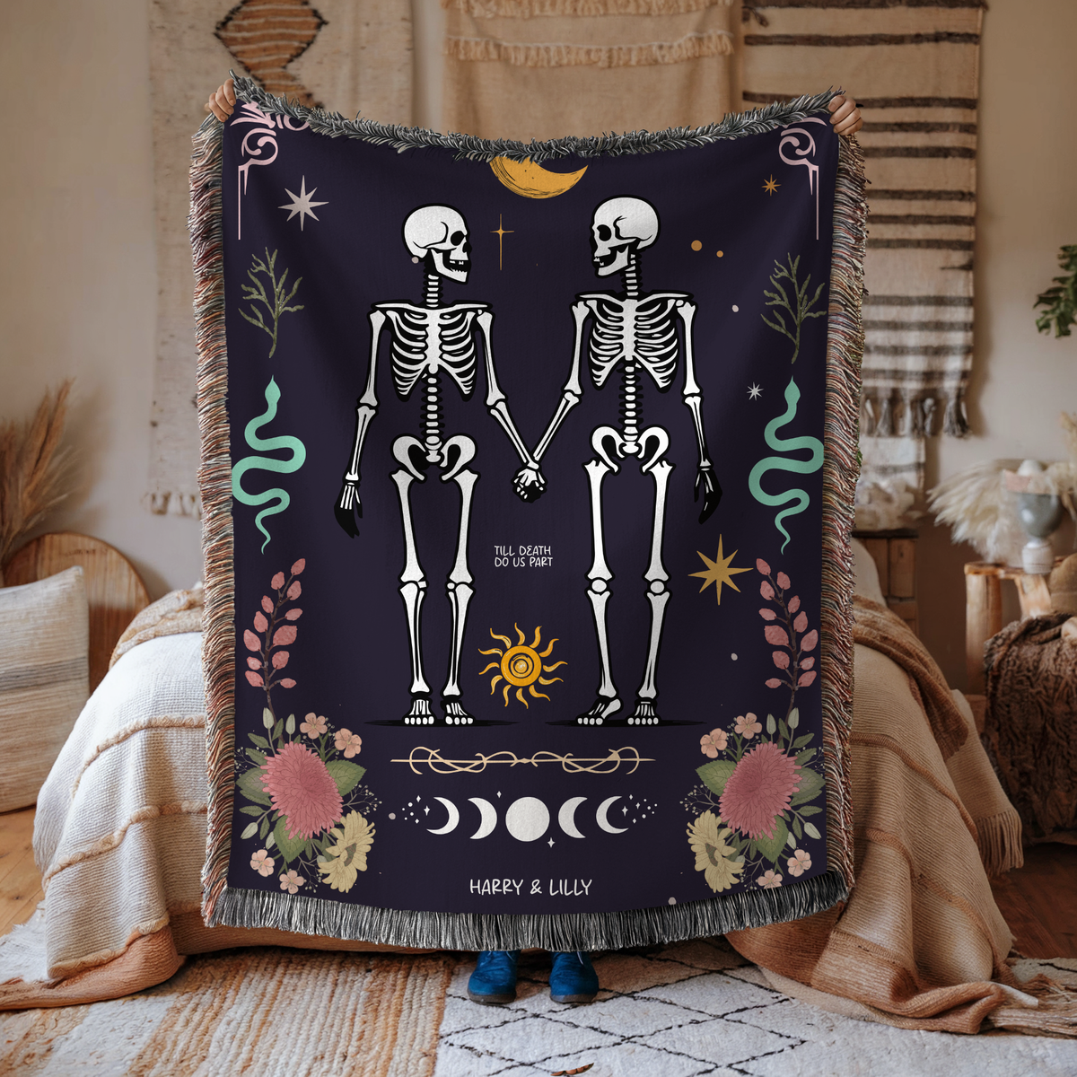 Skeleton Couple Blanket, Comfort Color Throw, Gothic Wedding Gift, Till Death Do Us Part Blanket, Anniversary Gift for Couple