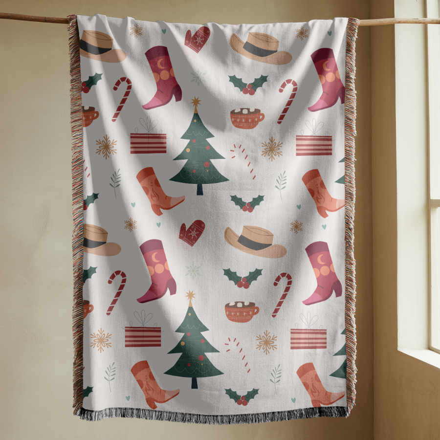 Christmas Stocking Woven Blanket, Festive Holiday Throw, Candy Cane Tree Decor, Cozy Christmas Gift, Winter Farmhouse Home Accent