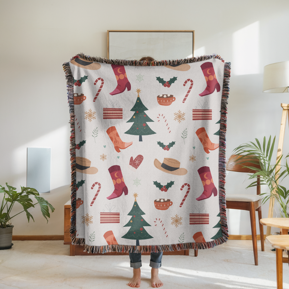 Christmas Stocking Woven Blanket, Festive Holiday Throw, Candy Cane Tree Decor, Cozy Christmas Gift, Winter Farmhouse Home Accent