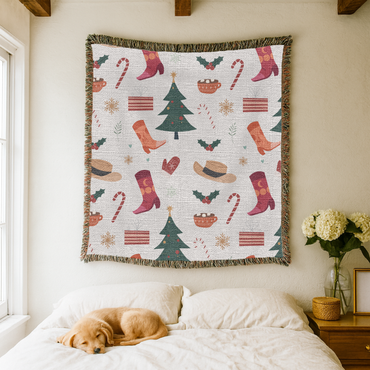 Christmas Stocking Woven Blanket, Festive Holiday Throw, Candy Cane Tree Decor, Cozy Christmas Gift, Winter Farmhouse Home Accent