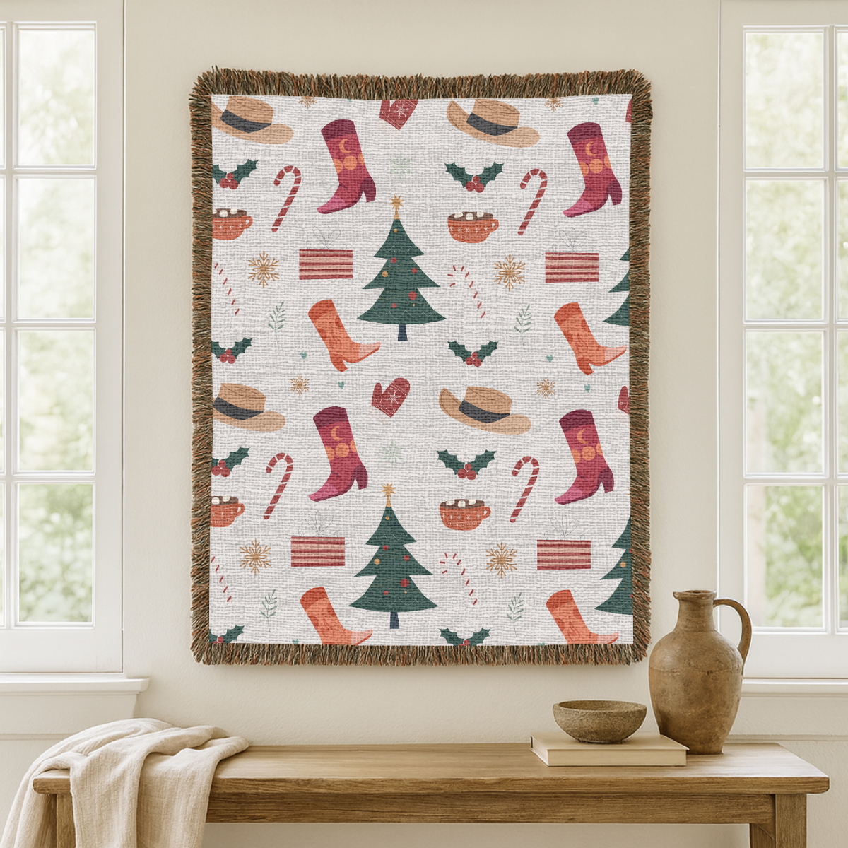 Christmas Stocking Woven Blanket, Festive Holiday Throw, Candy Cane Tree Decor, Cozy Christmas Gift, Winter Farmhouse Home Accent