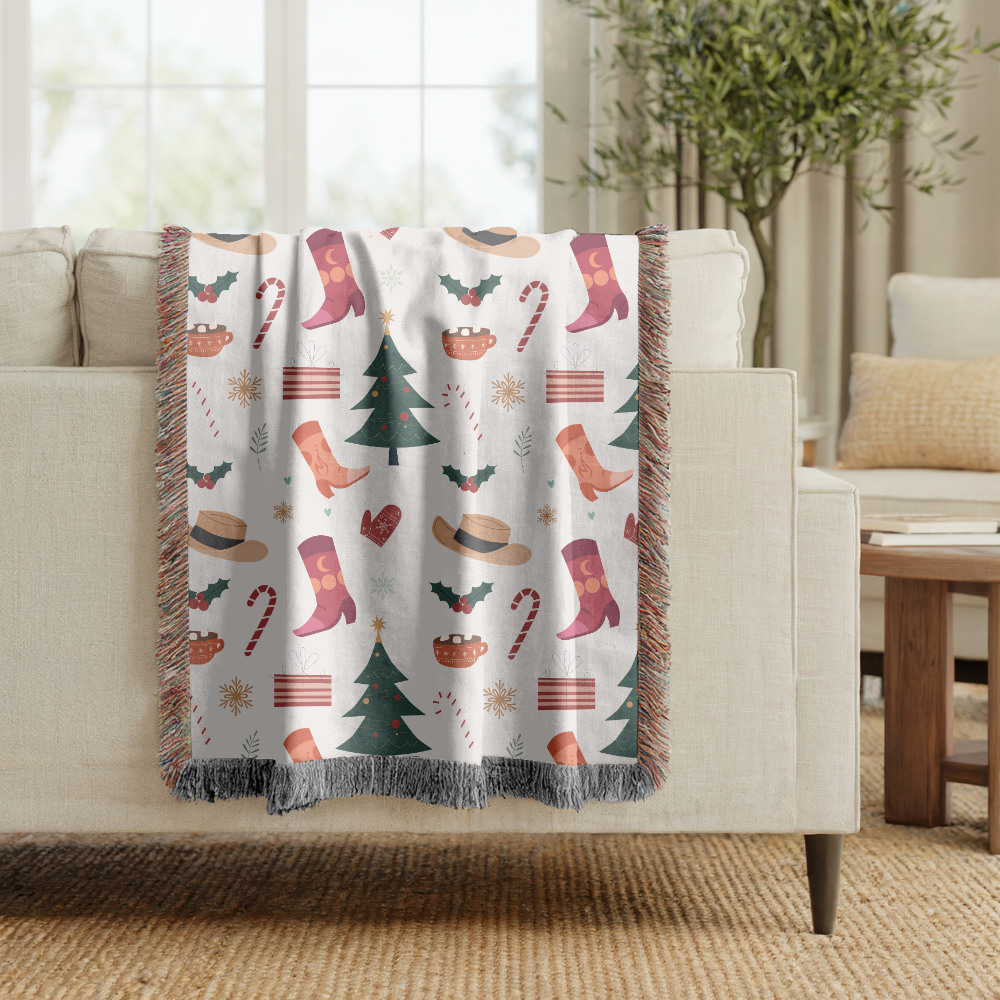 Christmas Stocking Woven Blanket, Festive Holiday Throw, Candy Cane Tree Decor, Cozy Christmas Gift, Winter Farmhouse Home Accent