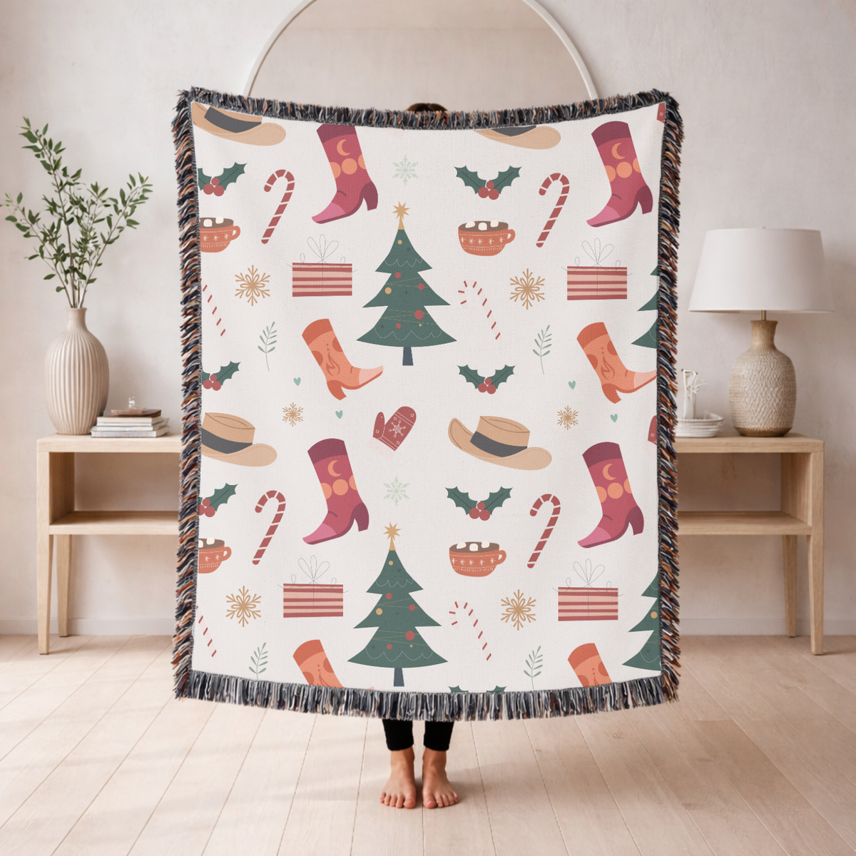 Christmas Stocking Woven Blanket, Festive Holiday Throw, Candy Cane Tree Decor, Cozy Christmas Gift, Winter Farmhouse Home Accent
