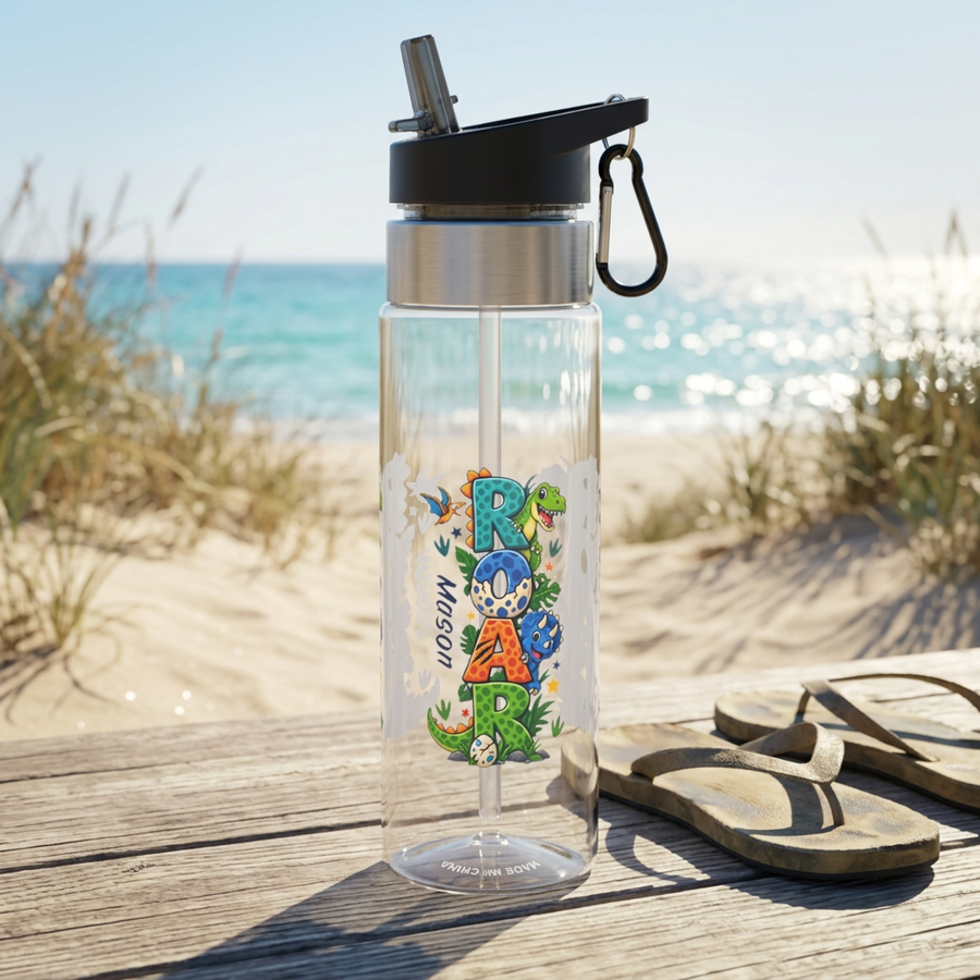 Clear plastic water bottle with a black flip lid and a straw, printed with the word Roar in tall letters built from cartoon dinosaurs, with the name Mason in blue script beside them.