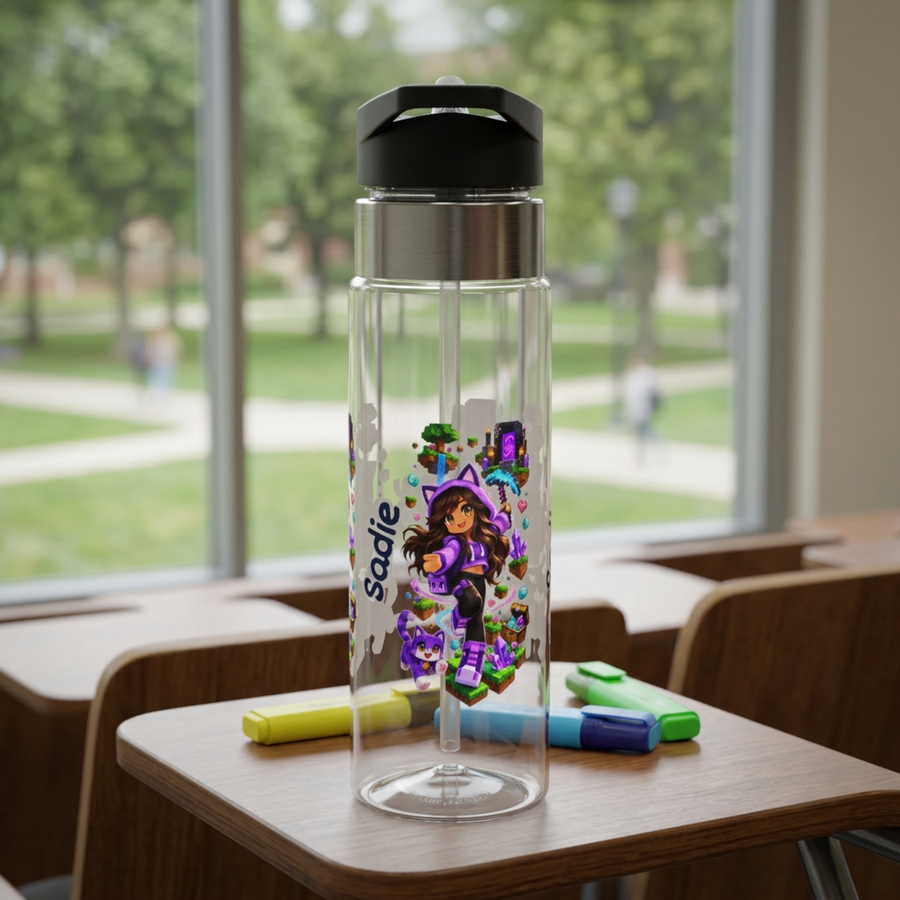 Clear plastic water bottle with a black flip lid and a straw, printed with a girl in a purple cat-ear hoodie standing in a blocky game world with a purple pet, the name Sadie beside her.
