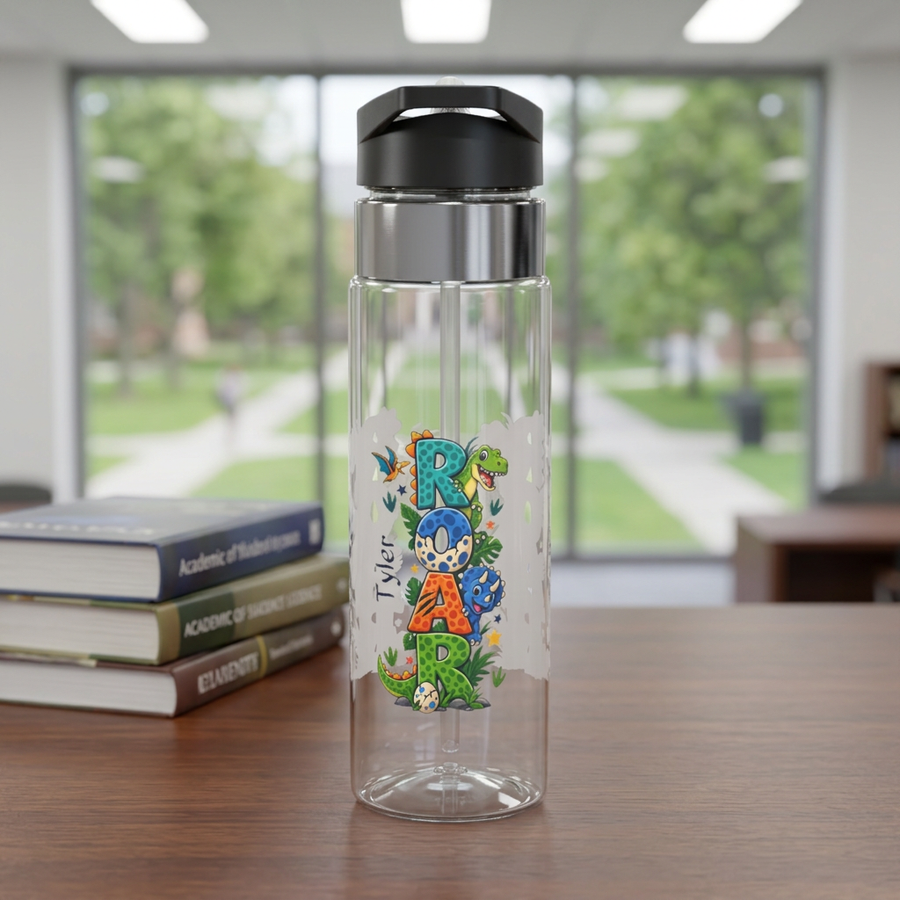 Clear plastic water bottle with a black flip lid and a straw, printed with the word Roar in tall letters made of cartoon dinosaurs, with the name Tyler in black script beside them.