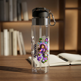 Clear plastic water bottle with a black flip lid and a straw, printed with a girl in a purple cat-ear hoodie in a blocky game world beside a purple pet, the name Arianna in black script.
