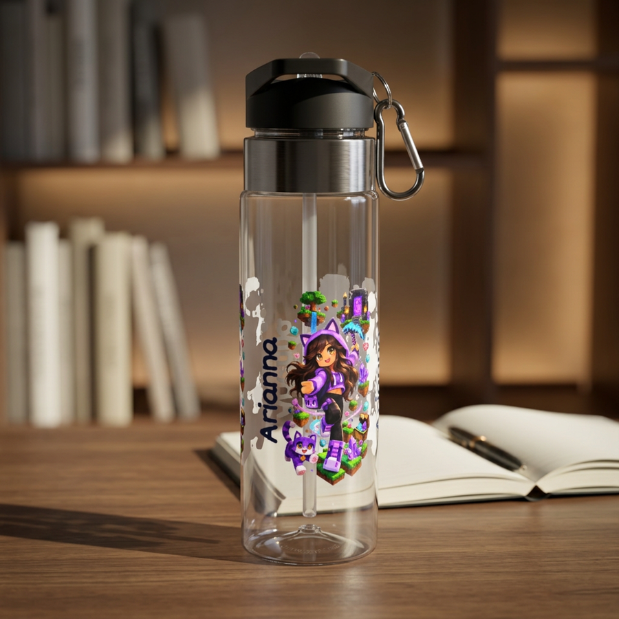 Clear plastic water bottle with a black flip lid and a straw, printed with a girl in a purple cat-ear hoodie in a blocky game world beside a purple pet, the name Arianna in black script.