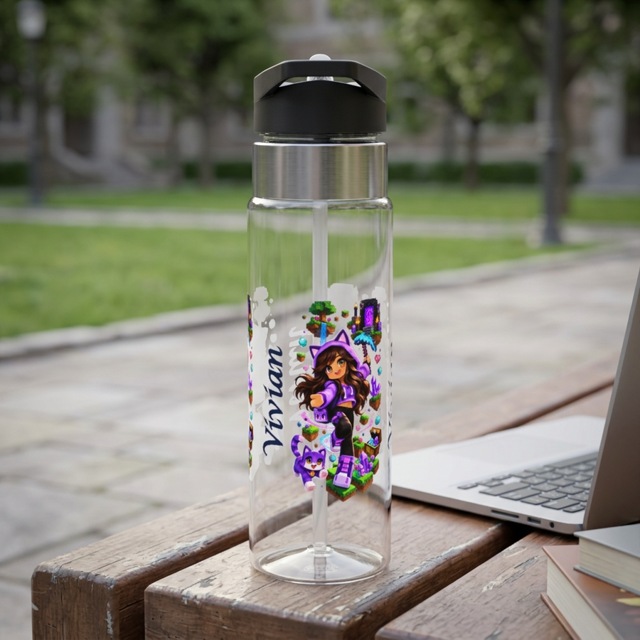 Clear plastic water bottle with a black flip lid and a straw, printed with a girl in a purple cat-ear hoodie beside a purple pet in a blocky game world, the name Vivian in dark script.