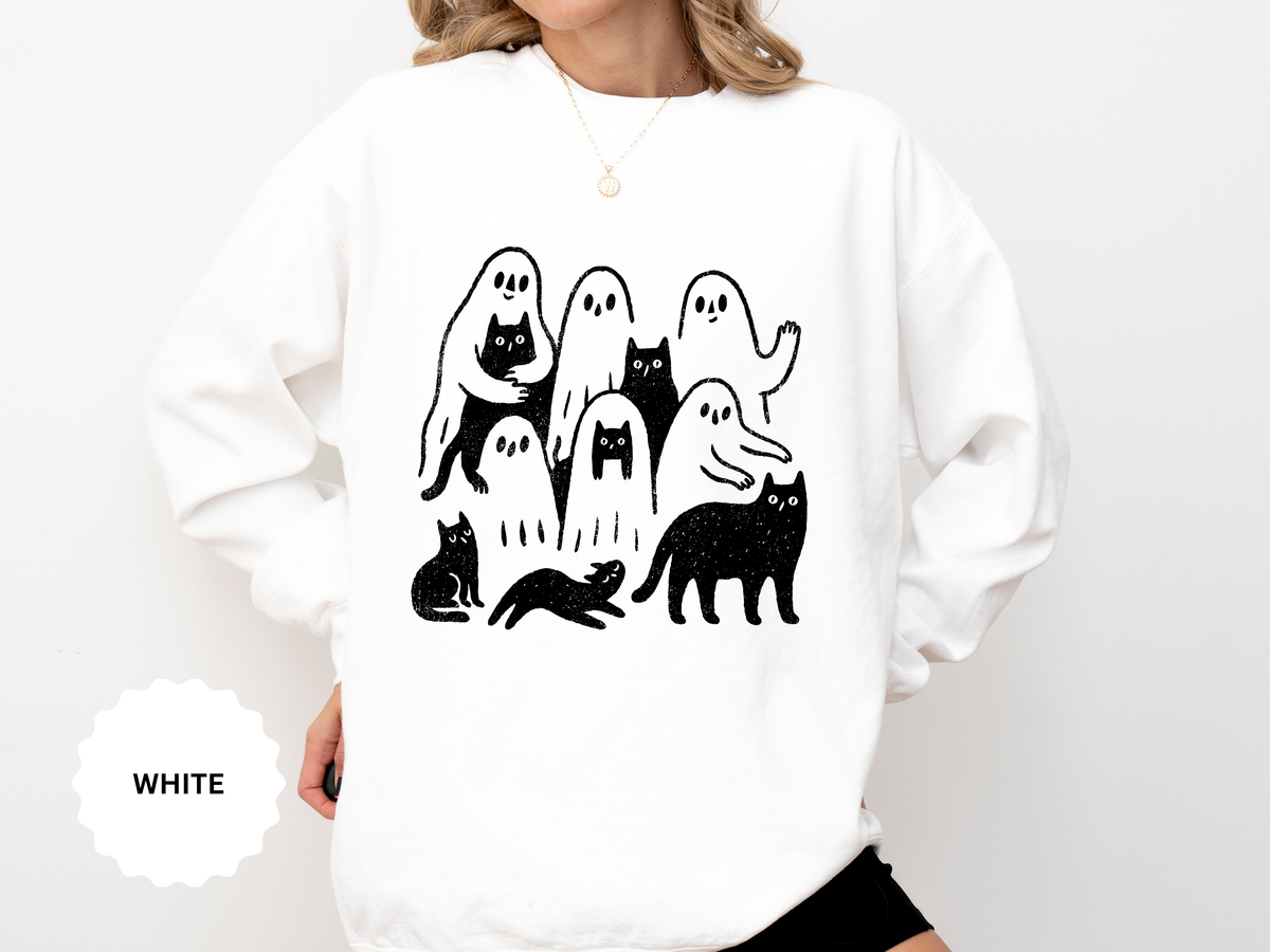 Ghost Cat Halloween Sweatshirt, Cute Spooky Cats and Ghosts Pullover, Cozy Pet Lover Gift, Minimal Black and White Fall Outfit for Women