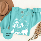 Ghost Cat Halloween Sweatshirt, Cute Spooky Cats and Ghosts Pullover, Cozy Pet Lover Gift, Minimal Black and White Fall Outfit for Women