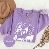 Ghost Cat Halloween Sweatshirt, Cute Spooky Cats and Ghosts Pullover, Cozy Pet Lover Gift, Minimal Black and White Fall Outfit for Women
