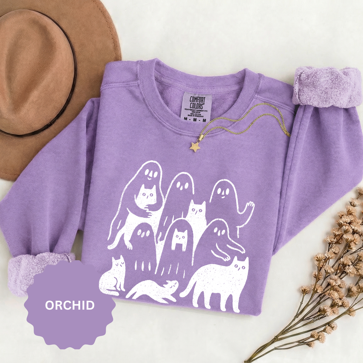 Ghost Cat Halloween Sweatshirt, Cute Spooky Cats and Ghosts Pullover, Cozy Pet Lover Gift, Minimal Black and White Fall Outfit for Women