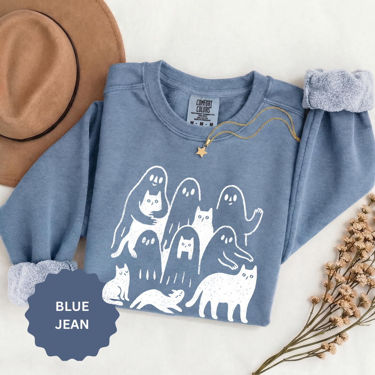 Ghost Cat Halloween Sweatshirt, Cute Spooky Cats and Ghosts Pullover, Cozy Pet Lover Gift, Minimal Black and White Fall Outfit for Women