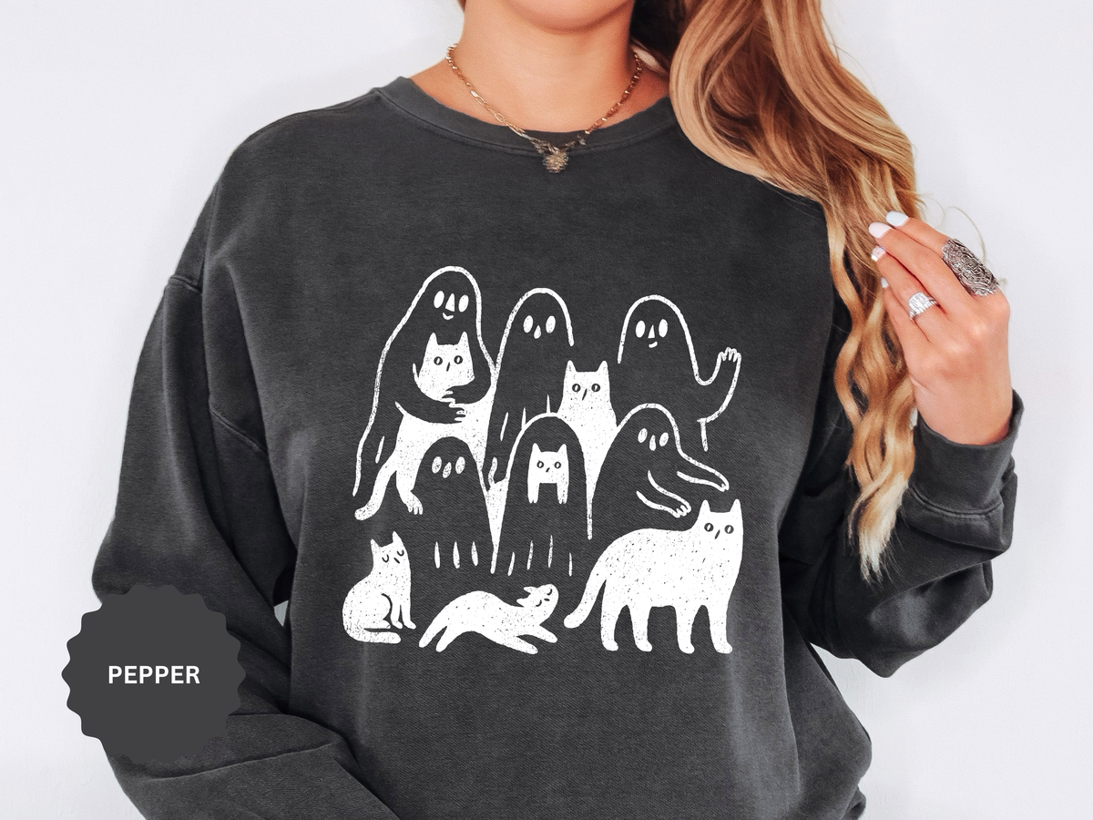Ghost Cat Halloween Sweatshirt, Cute Spooky Cats and Ghosts Pullover, Cozy Pet Lover Gift, Minimal Black and White Fall Outfit for Women