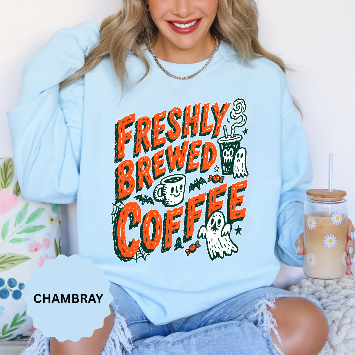 Coffee Lover Halloween Sweatshirt, Freshly Brewed Coffee Ghost Pullover, Cute Spooky Season Gift for Barista and Caffeine Fan, Gift for Her