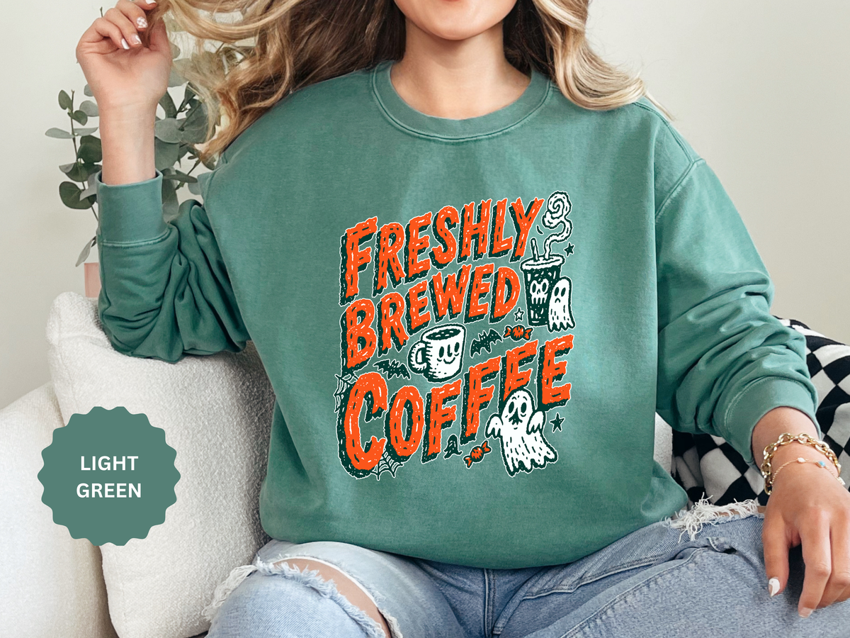 Coffee Lover Halloween Sweatshirt, Freshly Brewed Coffee Ghost Pullover, Cute Spooky Season Gift for Barista and Caffeine Fan, Gift for Her