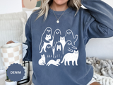 Ghost Cat Halloween Sweatshirt, Cute Spooky Cats and Ghosts Pullover, Cozy Pet Lover Gift, Minimal Black and White Fall Outfit for Women