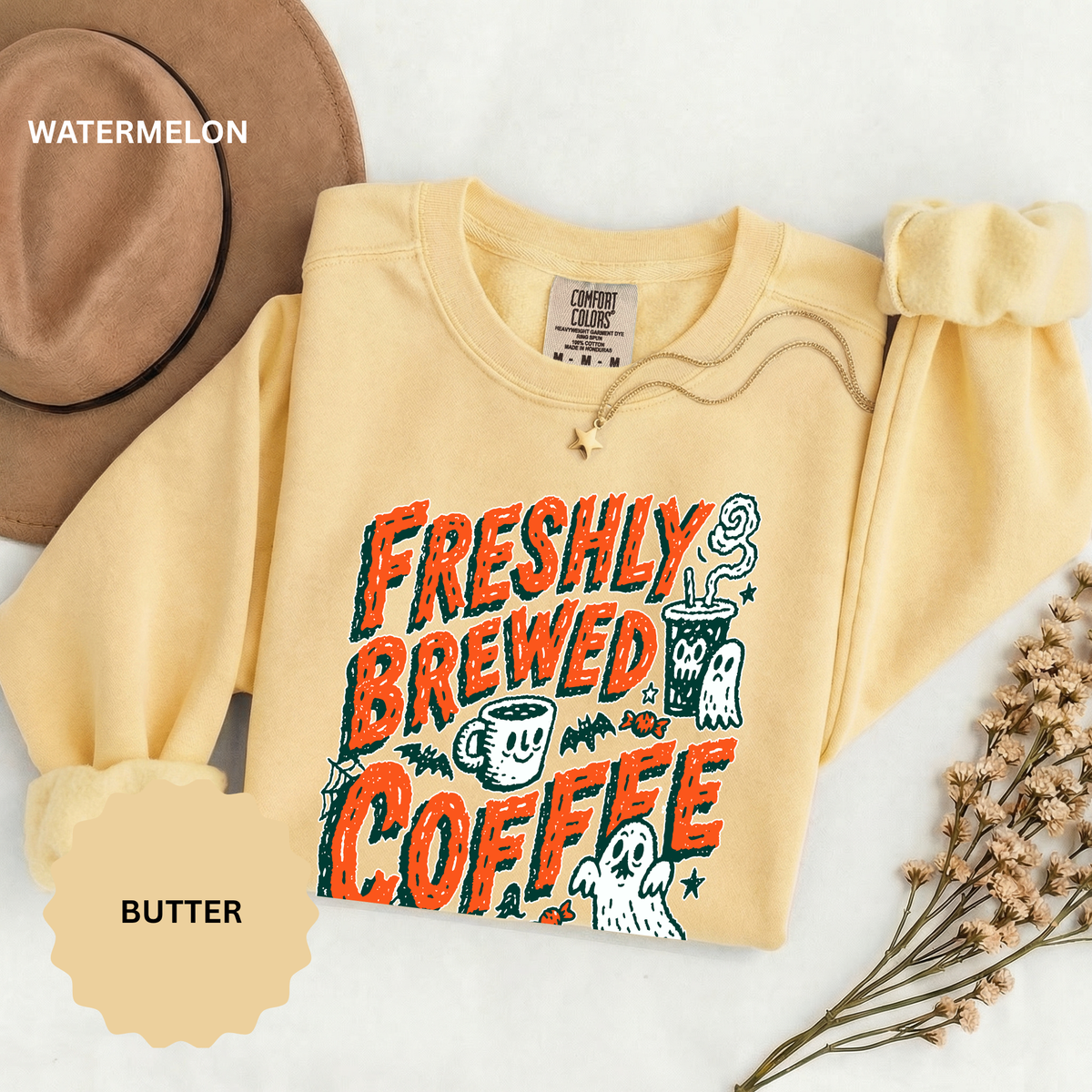 Coffee Lover Halloween Sweatshirt, Freshly Brewed Coffee Ghost Pullover, Cute Spooky Season Gift for Barista and Caffeine Fan, Gift for Her