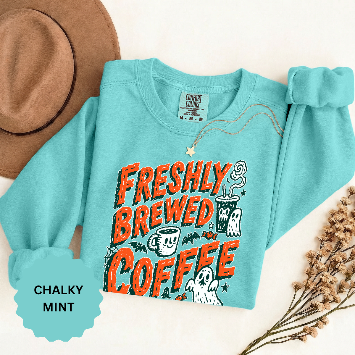 Coffee Lover Halloween Sweatshirt, Freshly Brewed Coffee Ghost Pullover, Cute Spooky Season Gift for Barista and Caffeine Fan, Gift for Her