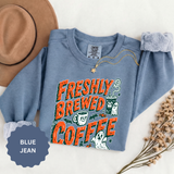 Coffee Lover Halloween Sweatshirt, Freshly Brewed Coffee Ghost Pullover, Cute Spooky Season Gift for Barista and Caffeine Fan, Gift for Her