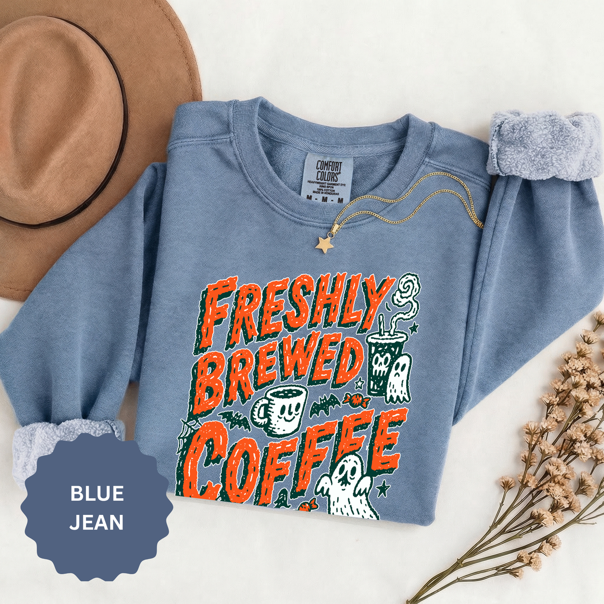 Coffee Lover Halloween Sweatshirt, Freshly Brewed Coffee Ghost Pullover, Cute Spooky Season Gift for Barista and Caffeine Fan, Gift for Her