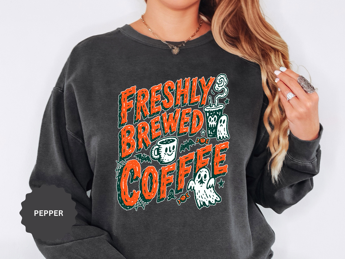 Coffee Lover Halloween Sweatshirt, Freshly Brewed Coffee Ghost Pullover, Cute Spooky Season Gift for Barista and Caffeine Fan, Gift for Her