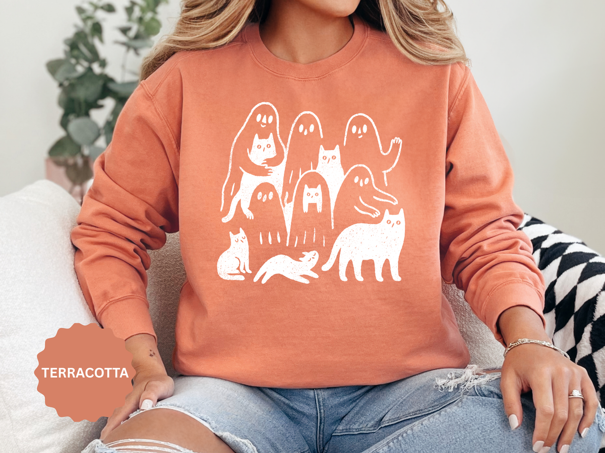 Ghost Cat Halloween Sweatshirt, Cute Spooky Cats and Ghosts Pullover, Cozy Pet Lover Gift, Minimal Black and White Fall Outfit for Women