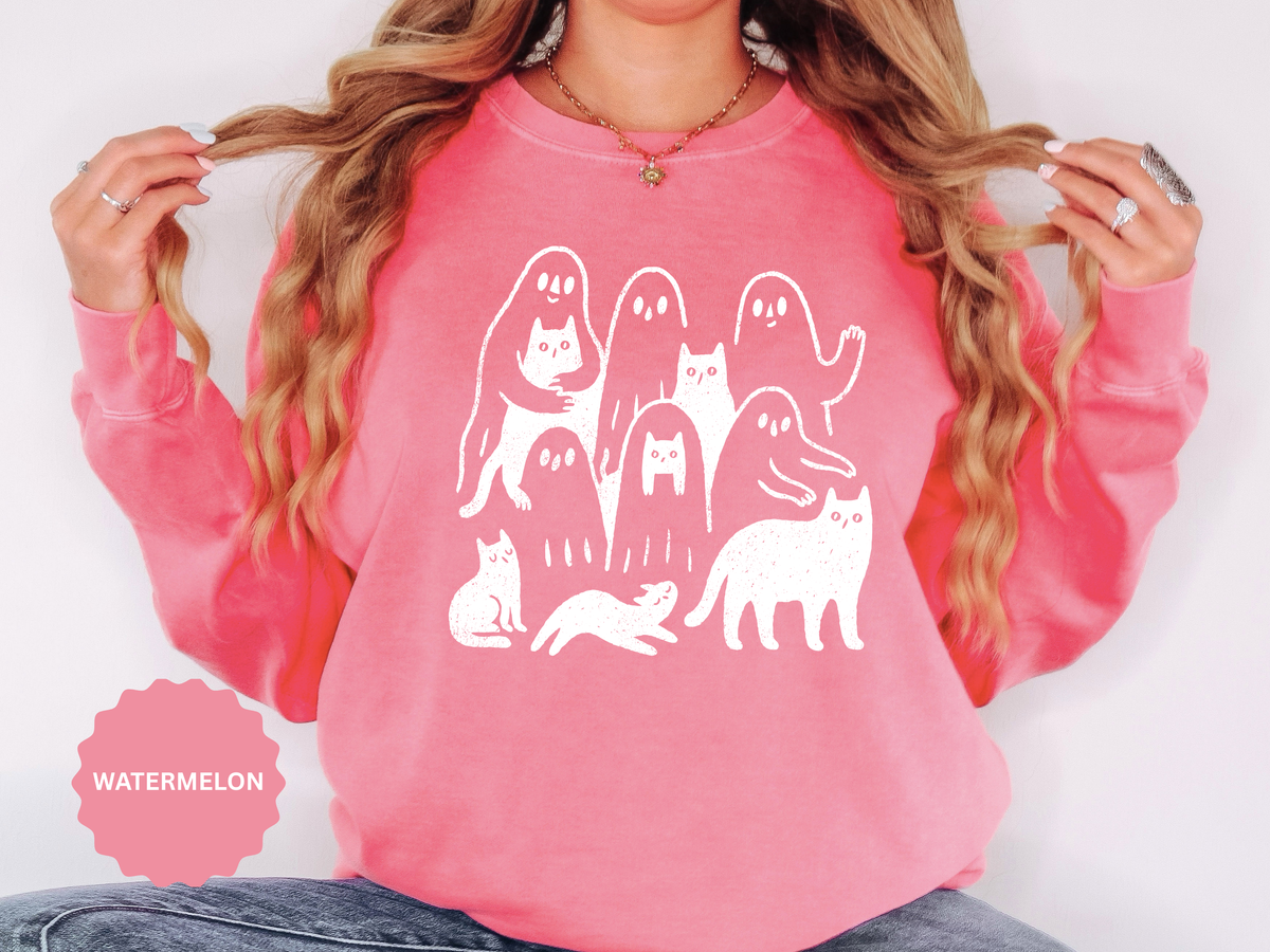 Ghost Cat Halloween Sweatshirt, Cute Spooky Cats and Ghosts Pullover, Cozy Pet Lover Gift, Minimal Black and White Fall Outfit for Women