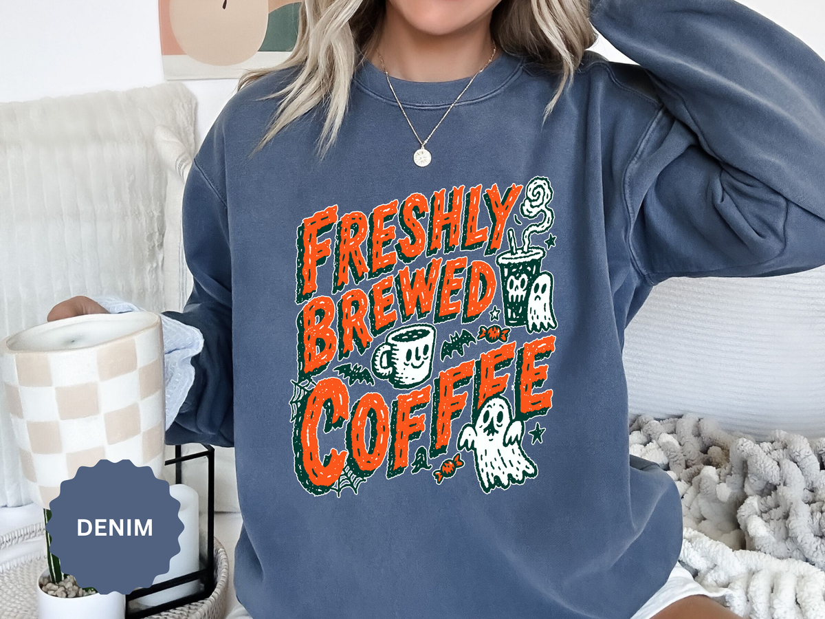 Coffee Lover Halloween Sweatshirt, Freshly Brewed Coffee Ghost Pullover, Cute Spooky Season Gift for Barista and Caffeine Fan, Gift for Her