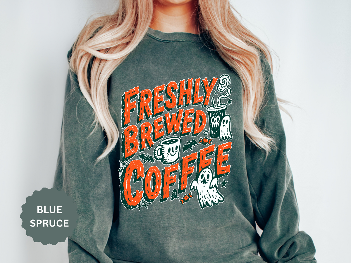 Coffee Lover Halloween Sweatshirt, Freshly Brewed Coffee Ghost Pullover, Cute Spooky Season Gift for Barista and Caffeine Fan, Gift for Her