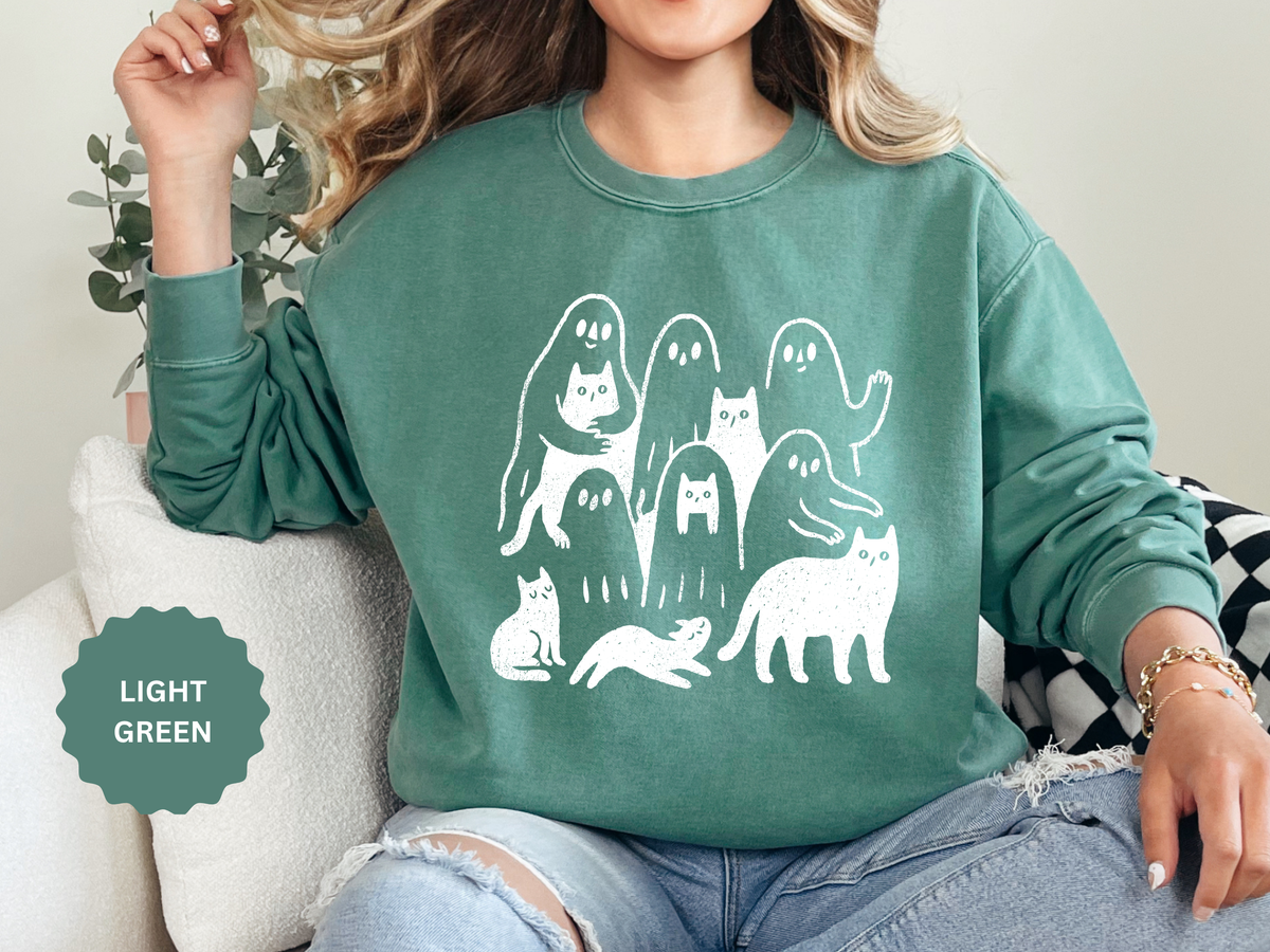 Ghost Cat Halloween Sweatshirt, Cute Spooky Cats and Ghosts Pullover, Cozy Pet Lover Gift, Minimal Black and White Fall Outfit for Women