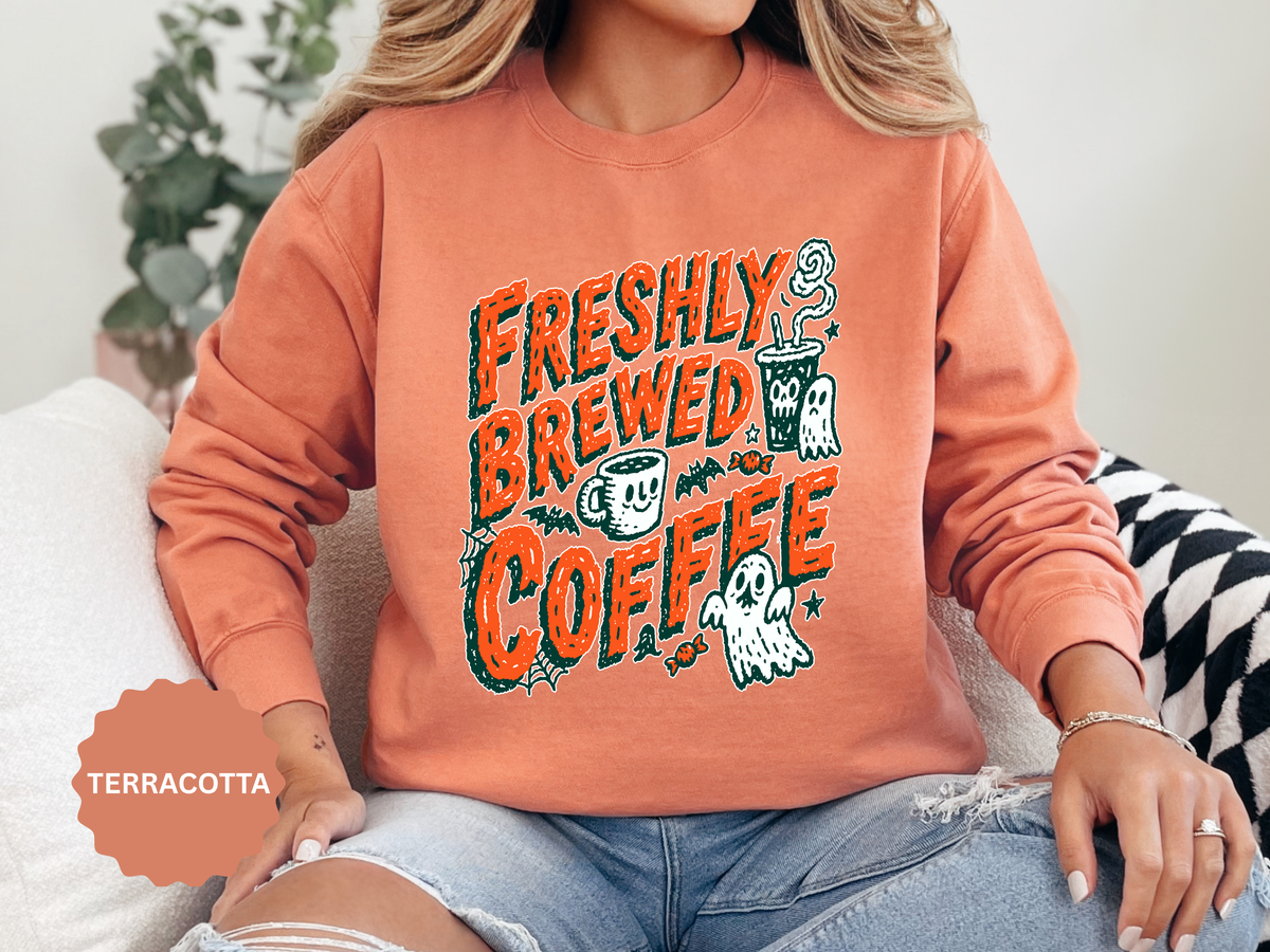 Coffee Lover Halloween Sweatshirt, Freshly Brewed Coffee Ghost Pullover, Cute Spooky Season Gift for Barista and Caffeine Fan, Gift for Her