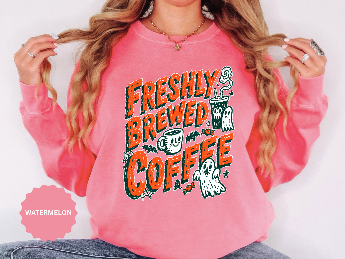 Coffee Lover Halloween Sweatshirt, Freshly Brewed Coffee Ghost Pullover, Cute Spooky Season Gift for Barista and Caffeine Fan, Gift for Her