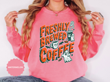 Coffee Lover Halloween Sweatshirt, Freshly Brewed Coffee Ghost Pullover, Cute Spooky Season Gift for Barista and Caffeine Fan, Gift for Her