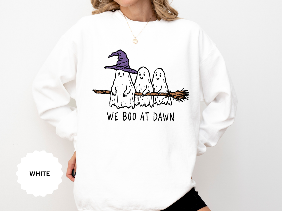 We Boo at Dawn Ghost Sweatshirt, Funny Halloween Witch Broom Pullover, Cute Spooky Season Gift for Friends and Ghost Lovers, October Outfit