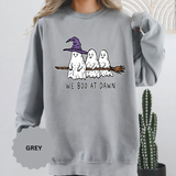 We Boo at Dawn Ghost Sweatshirt, Funny Halloween Witch Broom Pullover, Cute Spooky Season Gift for Friends and Ghost Lovers, October Outfit